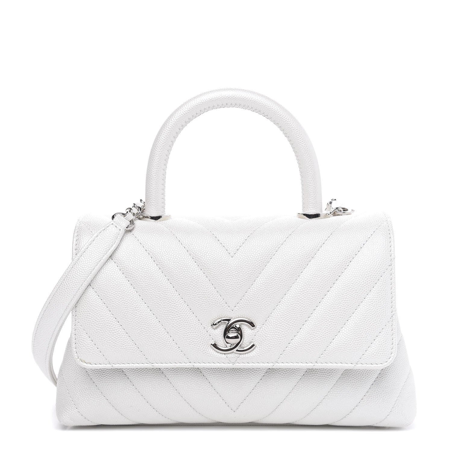 Chanel Iridescent Caviar Chevron Quilted Mini Coco Handle Flap White 1 of 12