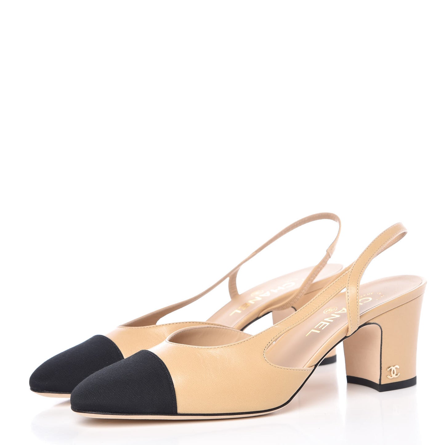 Goatskin Grosgrain Cap Toe CC Slingback Pumps 39 Beige Black