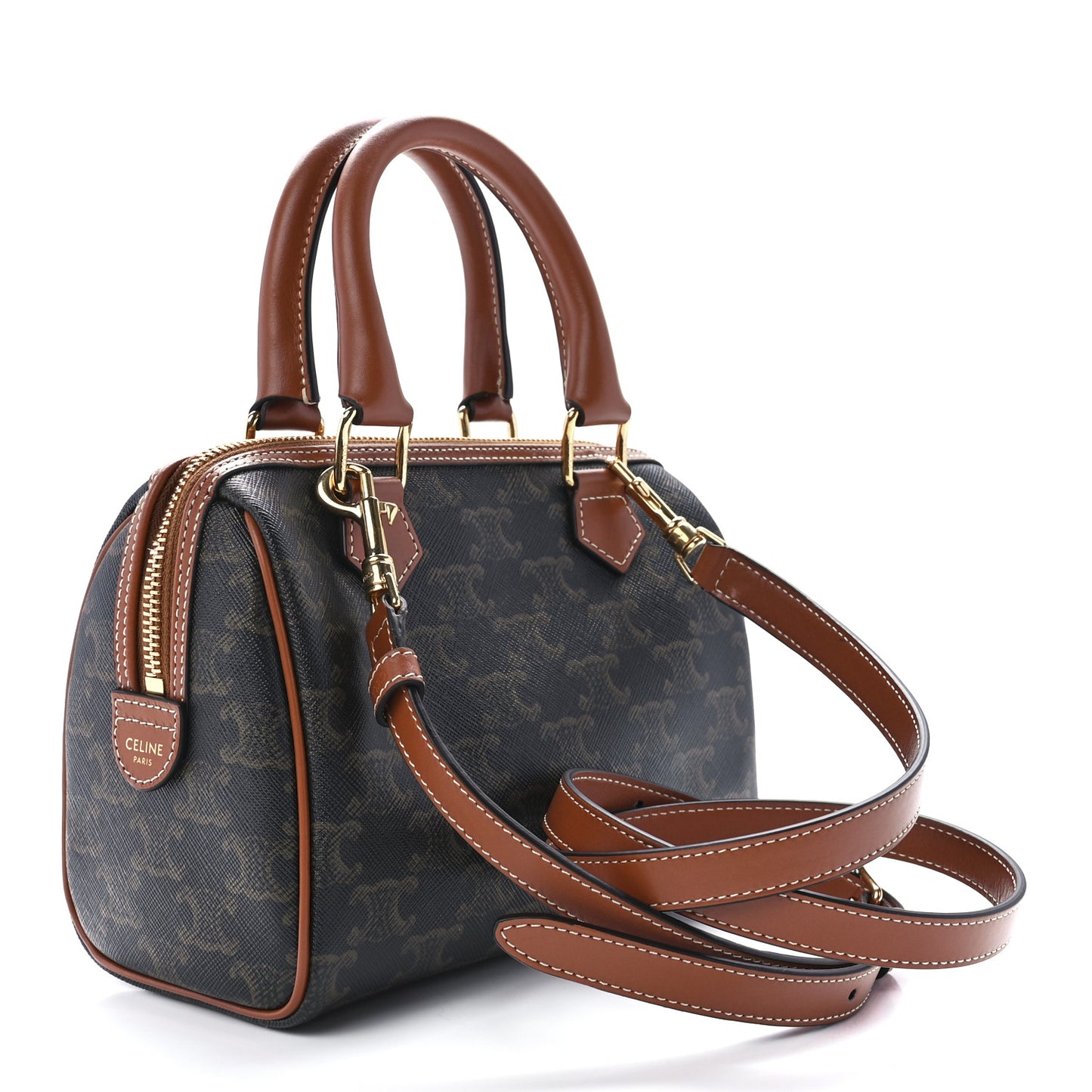 Triomphe Canvas Calfskin Small Boston Bag Tan