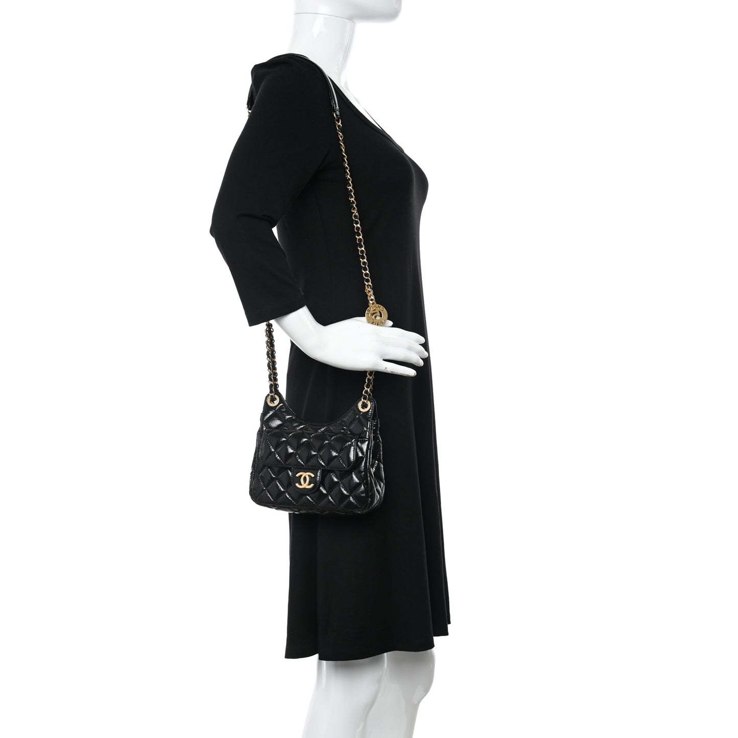 Shiny Crumpled Calfskin Quilted Small Wavy CC Hobo Black