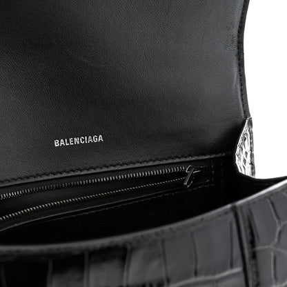 Balenciaga Shiny Calfskin Monochrome Crocodile Embossed Small Hourglass Top Handle Bag Black 6 of 12
