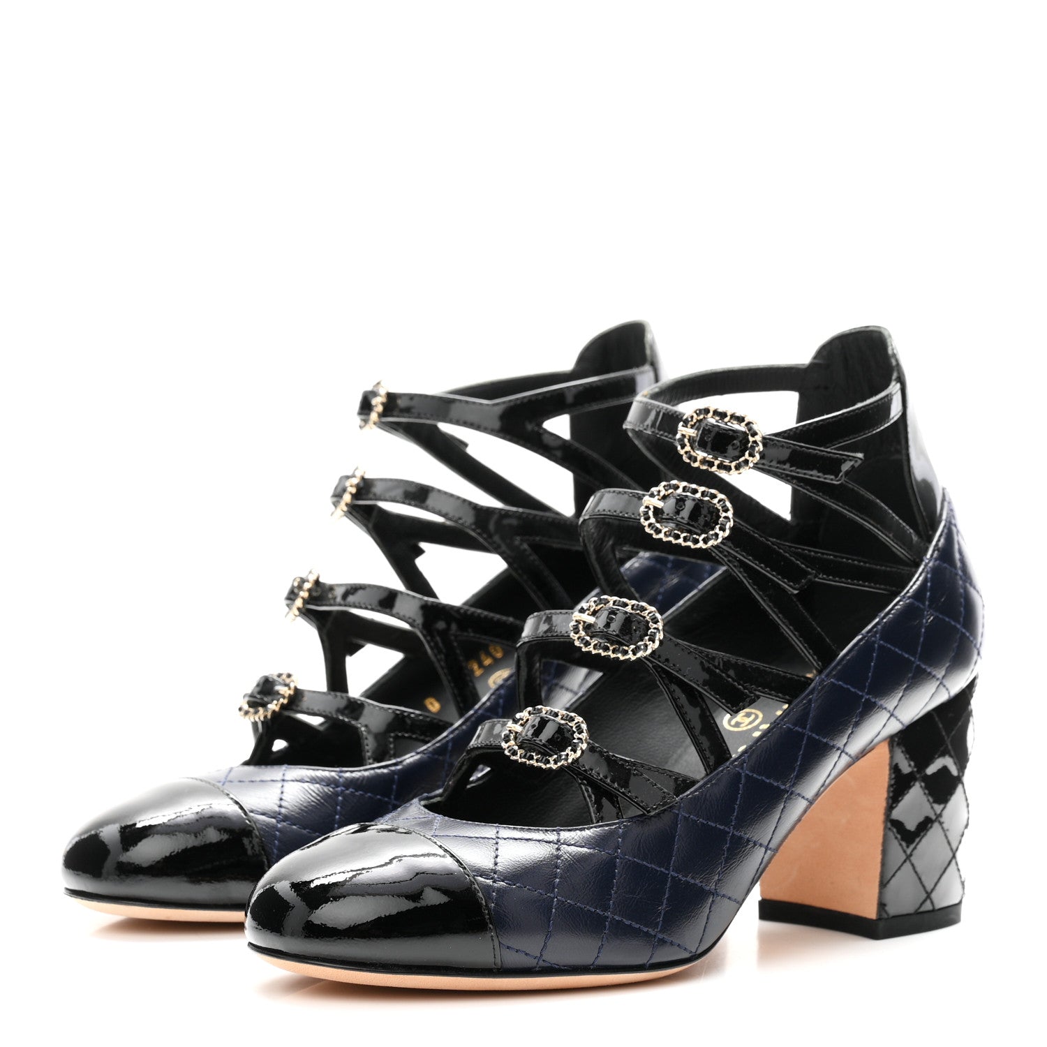 Chanel Patent Calfskin Quilted CC Cap Toe Pumps 35 Navy Black 4 of 10