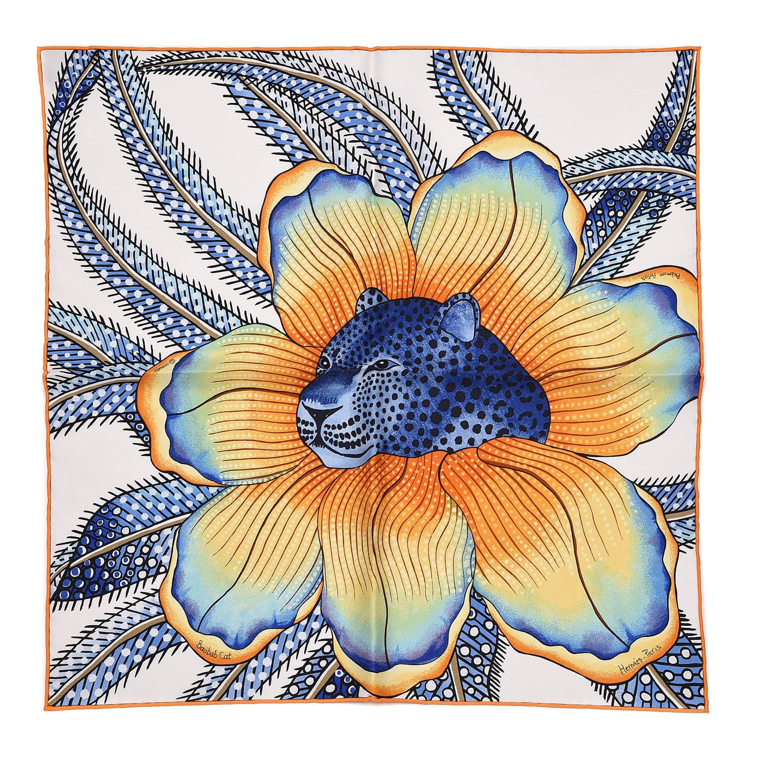 Hermes Silk Baobab Cat Pocket Square Scarf White Bleu Jaune 1 of 4