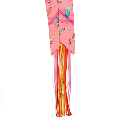 Hermes Silk Ex-Libris Les Parisie Fringed Twilly Rose Malabar Jaune 2 of 4