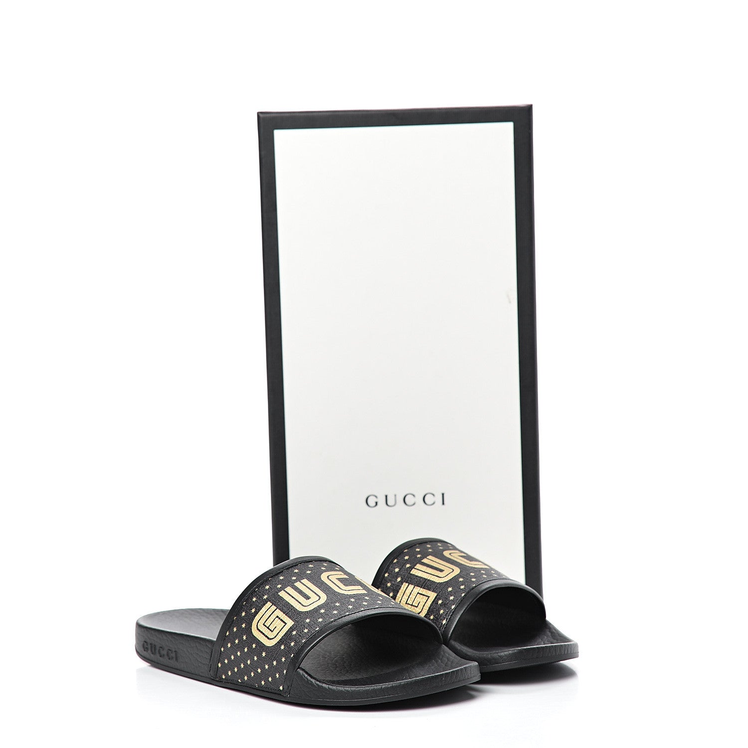 Gucci X SEGA Supreme Canvas GUCCY Stars Womens Slide Sandals 36 Black Gold 8 of 8
