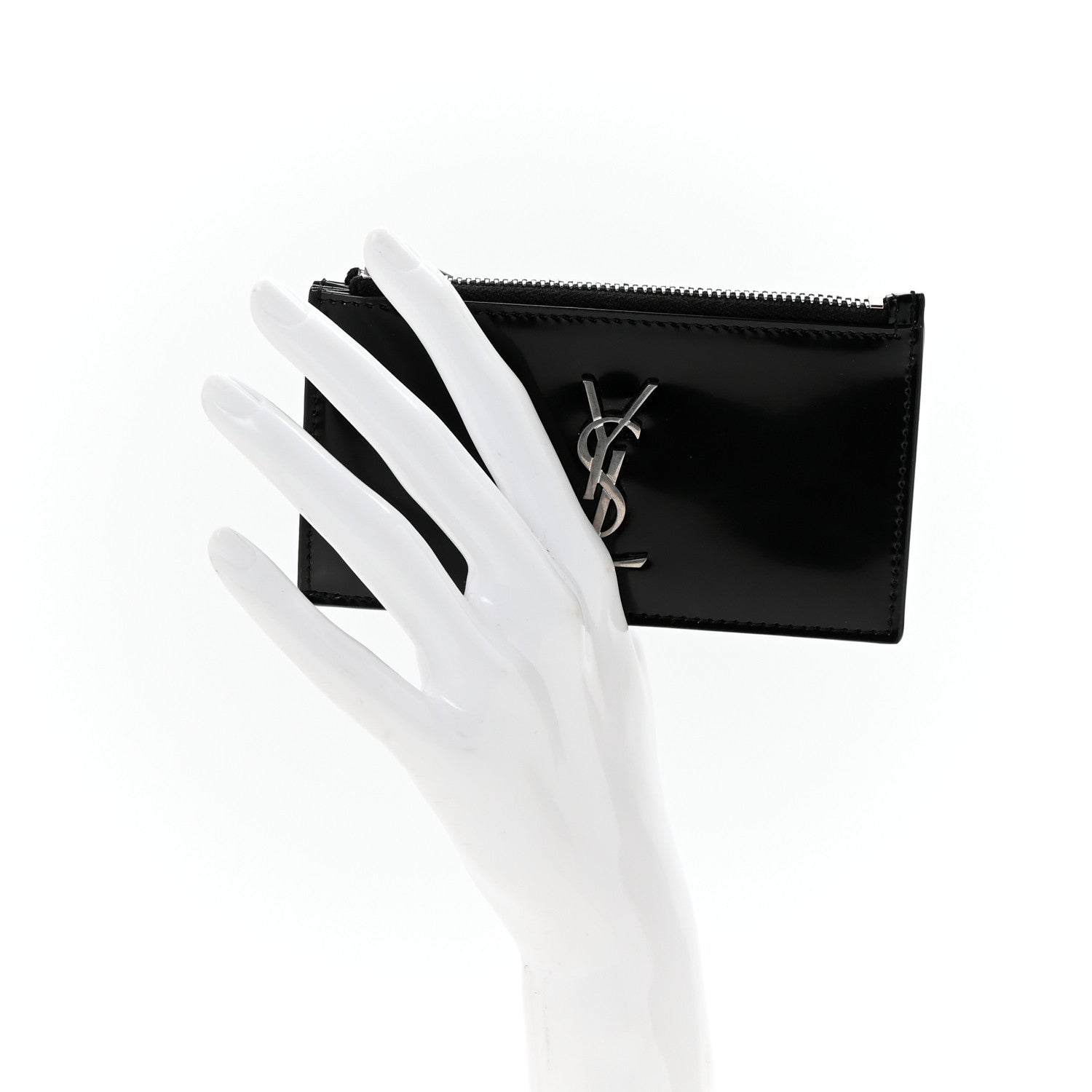 Saint Laurent Shiny Calfskin Monogram Fragments Zippered Card Case Black 2 of 6