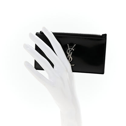 Saint Laurent Shiny Calfskin Monogram Fragments Zippered Card Case Black 2 of 6