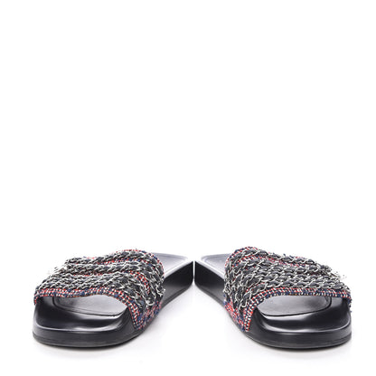 Chanel Tweed Lambskin Chain Flat Sandals 39 Black Multicolor 5 of 11