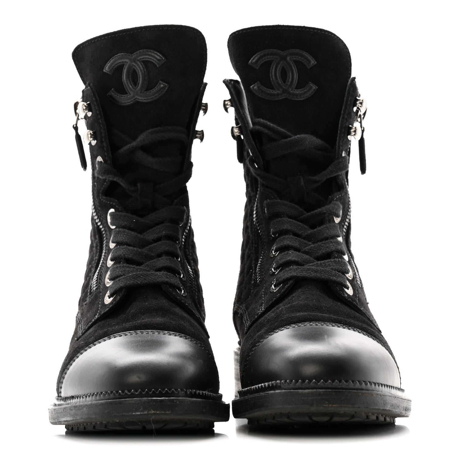 Chanel Suede Calfskin Quilted Lace Up Boots 38 Black 6 of 22