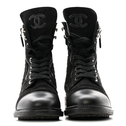 Chanel Suede Calfskin Quilted Lace Up Boots 38 Black 6 of 22
