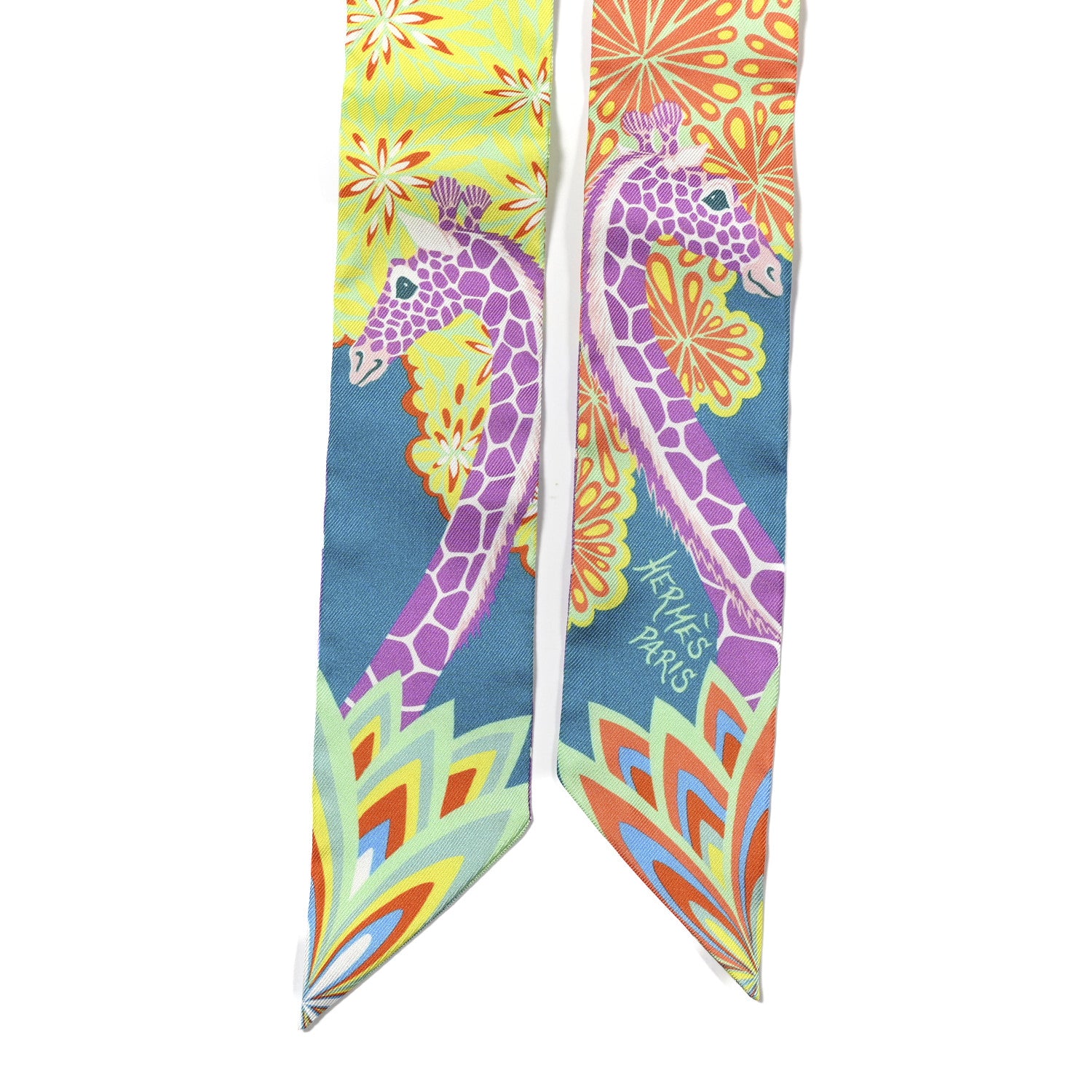 Hermes Silk The Three Graces Twilly Canard Mauve Jaune Fluo 2 of 4