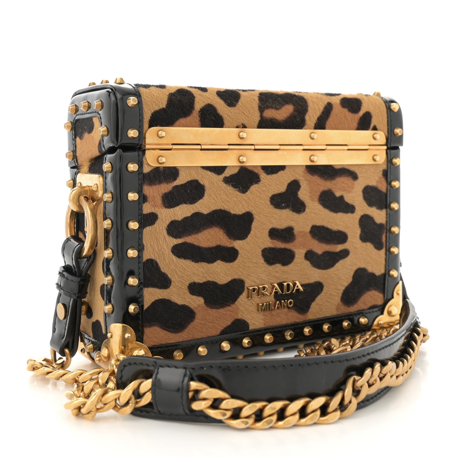 Prada Calfskin Calf Hair Leopard Print Studded Chain Crossbody Bag Black 3 of 10