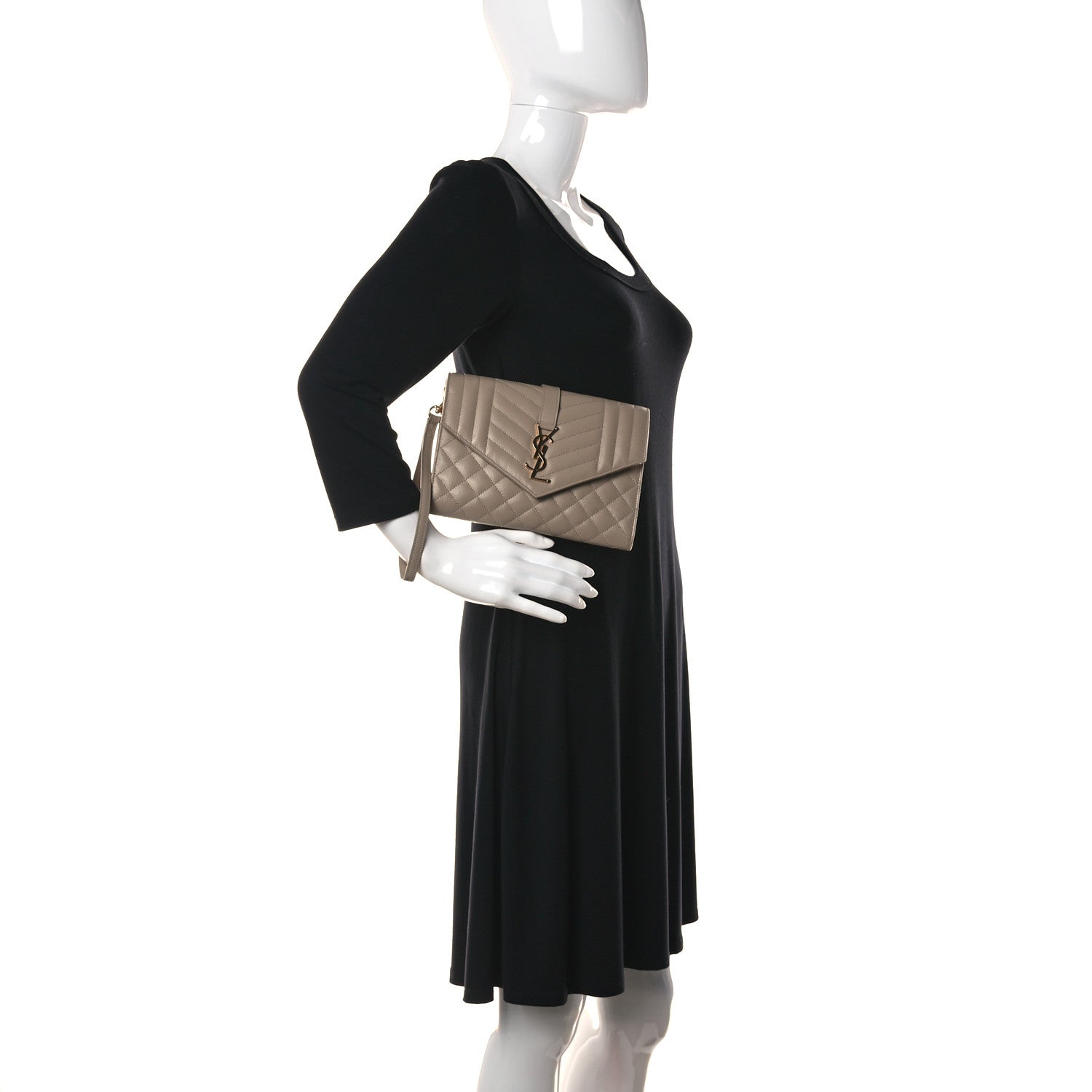 Saint Laurent Grain De Poudre Textured Mixed Matelasse Triquilt Monogram Clutch Dark Beige 2 of 8