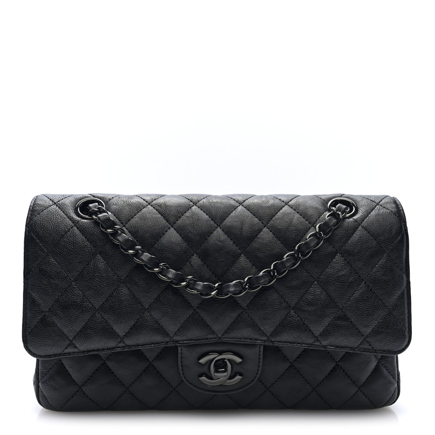 Crumpled Calfskin Quilted Medium Double Flap So Black