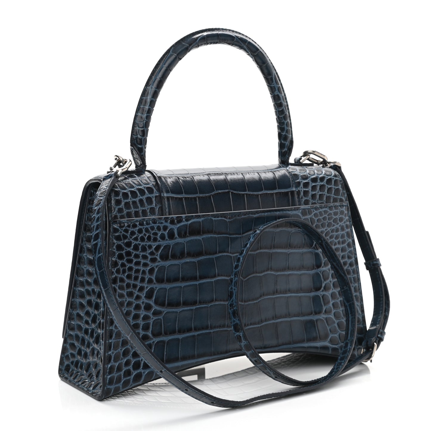 Shiny Calfskin Crocodile Embossed Medium Hourglass Top Handle Bag Denim Blue