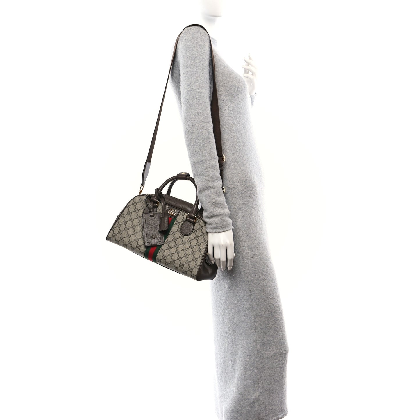GG Supreme Monogram Textured Dollar Calfskin Web Medium Ophidia Top Handle Bowler Bag Beige Ebony New Acero