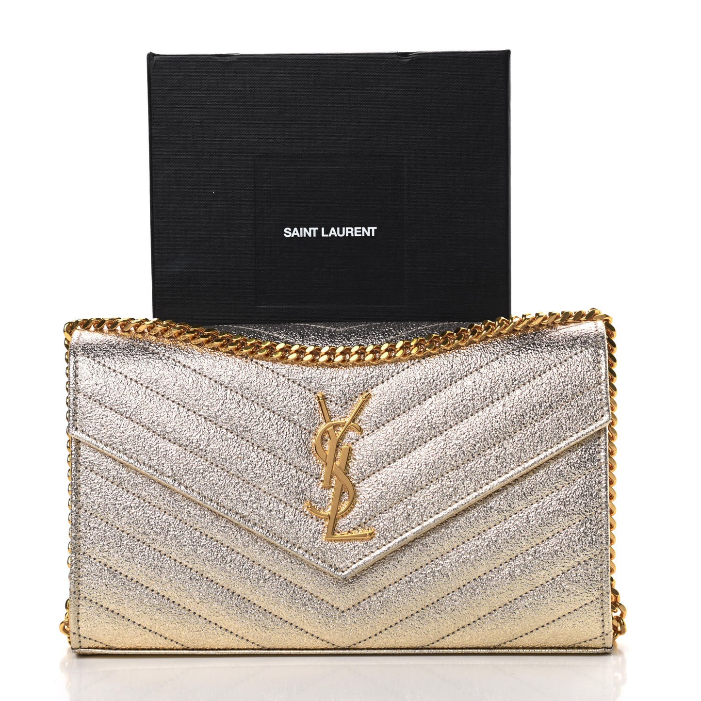 Metallic Grain De Poudre Matelasse Chevron Monogram Chain Wallet Gold