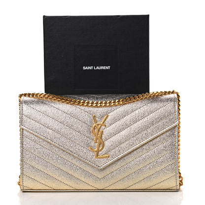 Saint Laurent Metallic Grain De Poudre Matelasse Chevron Monogram Chain Wallet Gold 12 of 12