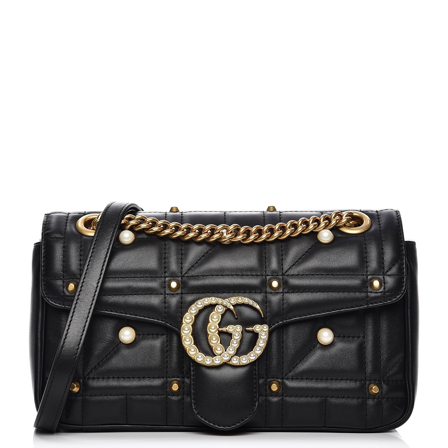 Gucci Calfskin Matelasse Studded Small Pearly GG Marmont Shoulder Bag Black 1 of 7