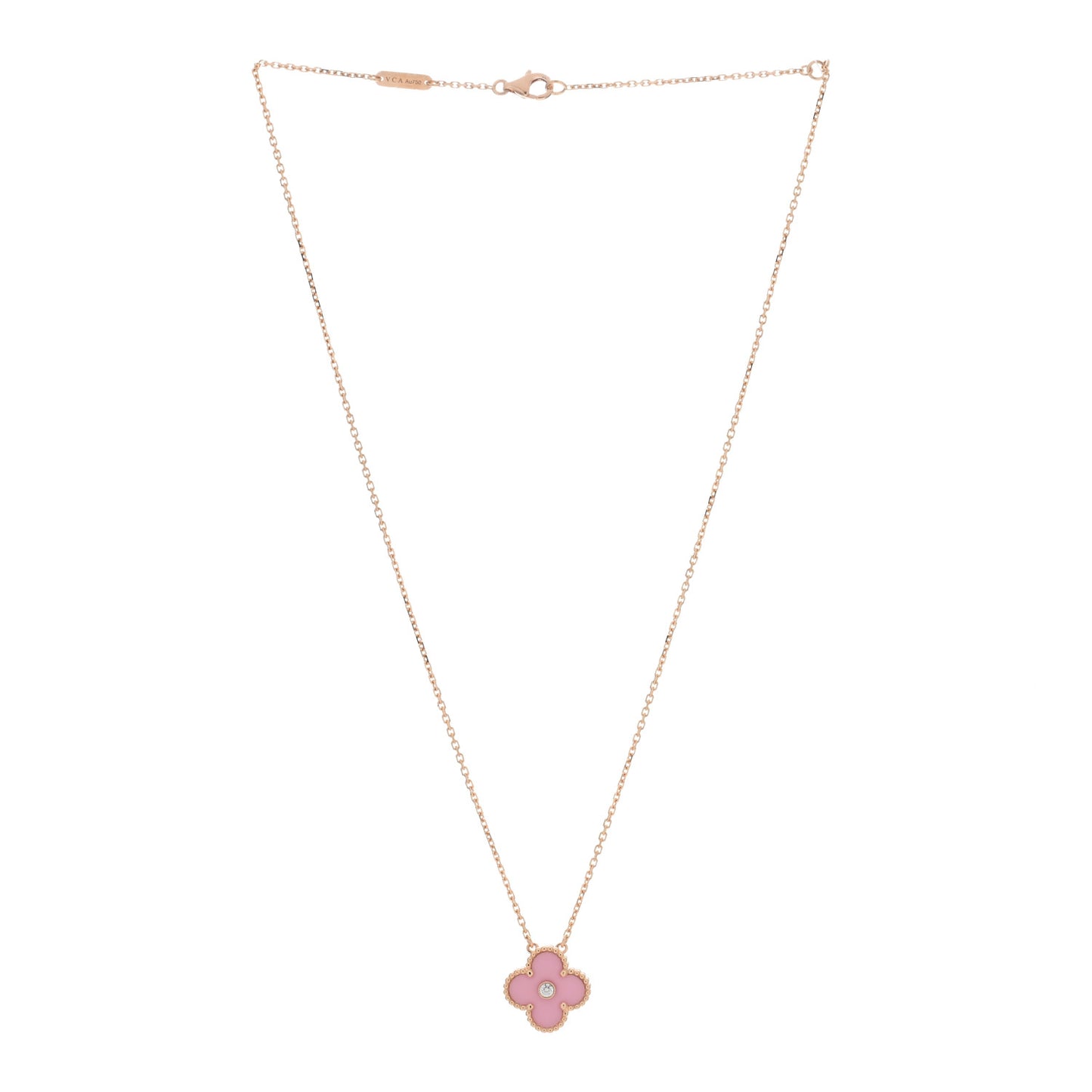 18K Rose Gold Diamond Pink Porcelain Vintage Alhambra Pendant Necklace