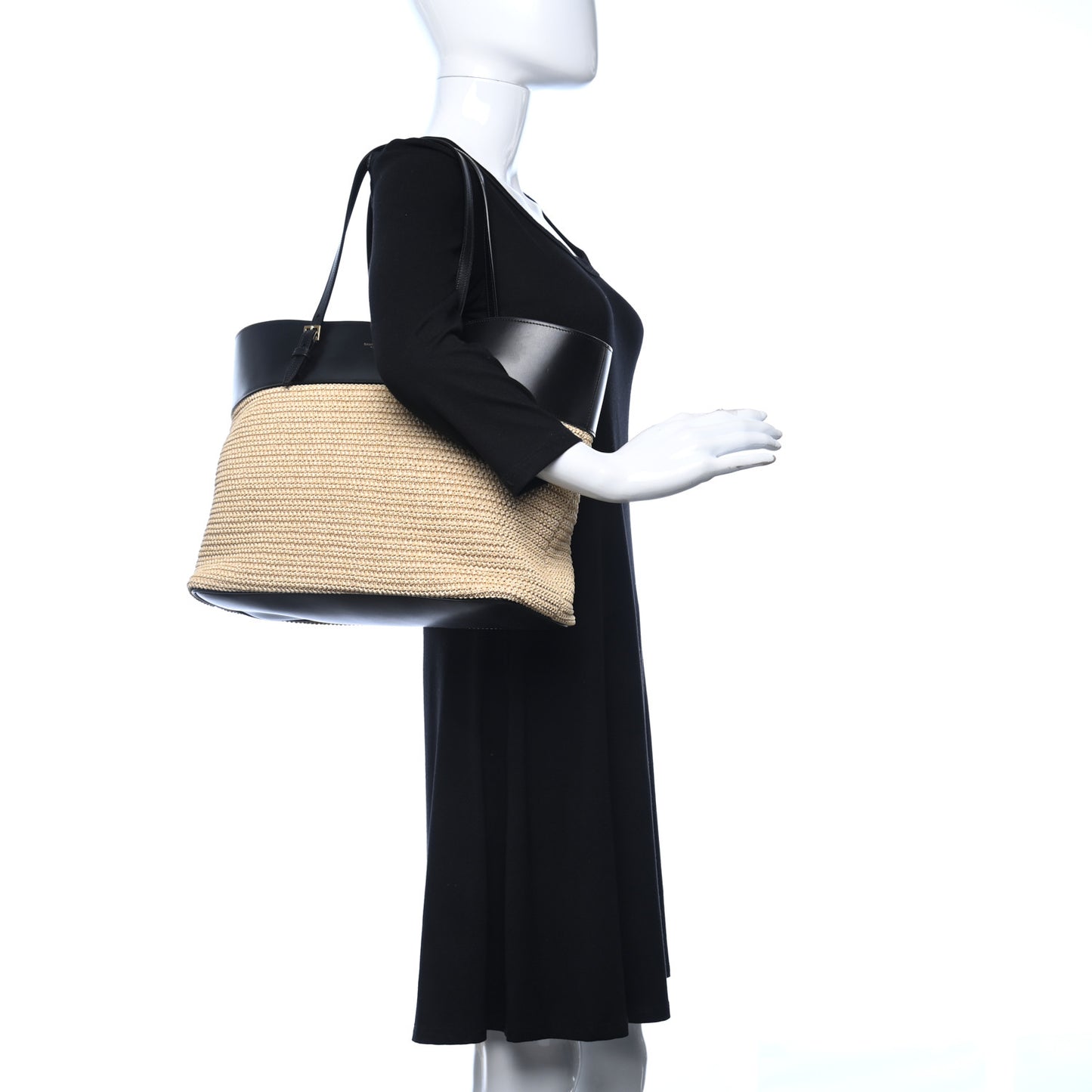 Calfskin Raffia Mini Shopper Tote Naturale Black