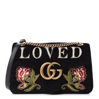 Gucci Velvet Matelasse Loved Embroidered Medium GG Marmont Shoulder Bag Black 1 of 10