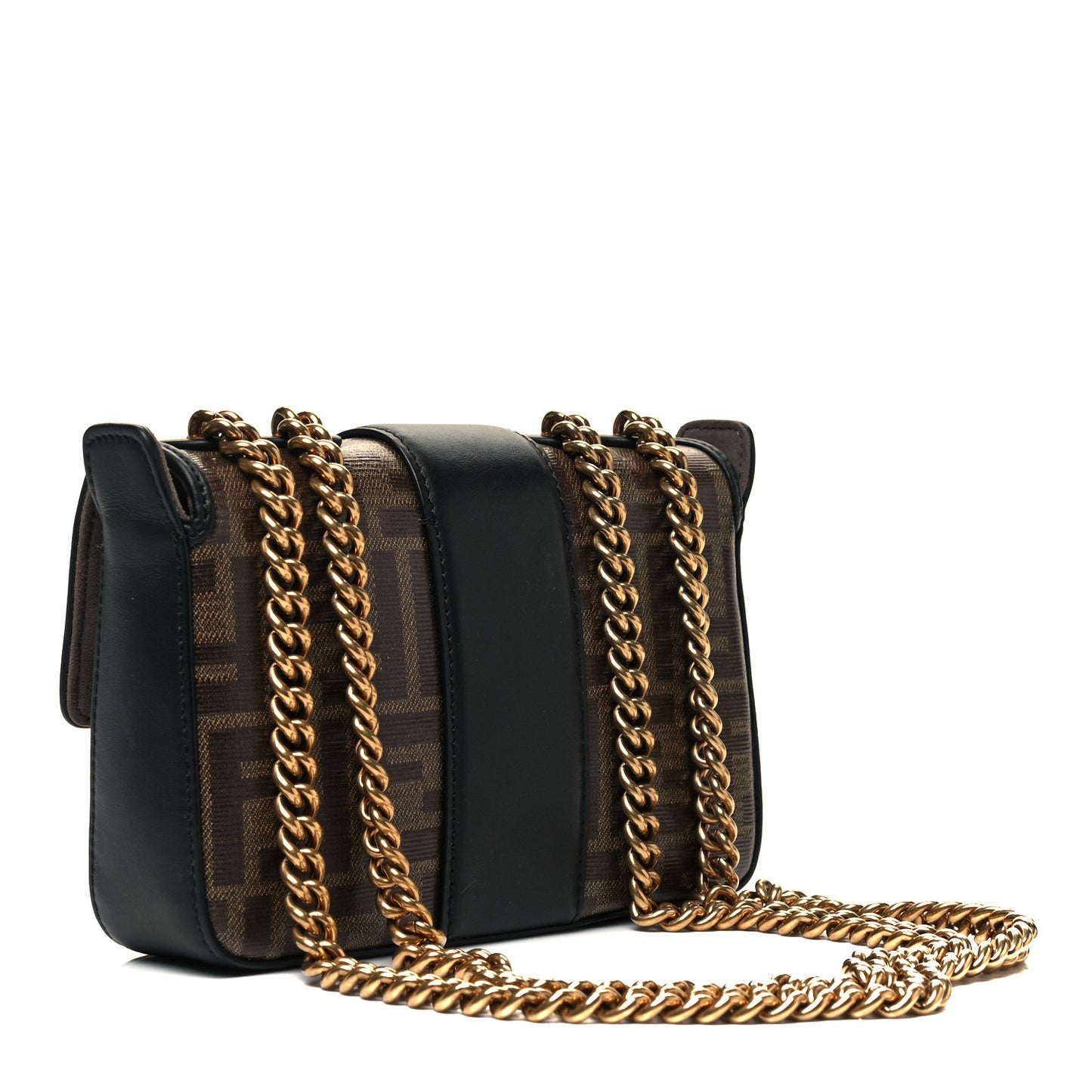 Glazed Fabric Vitello Century FF 1974 Stamp Patch Mini Double F Crossbody Bag Mogano Panna Black