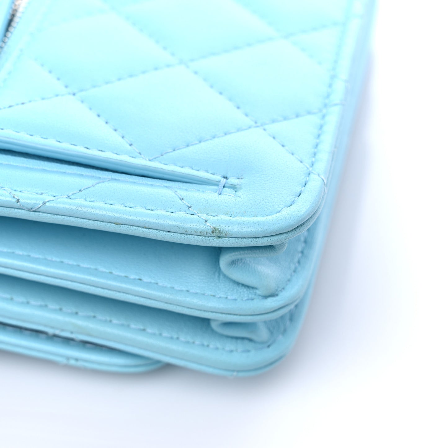 Lambskin Quilted Mini Wallet On Chain WOC Light Blue