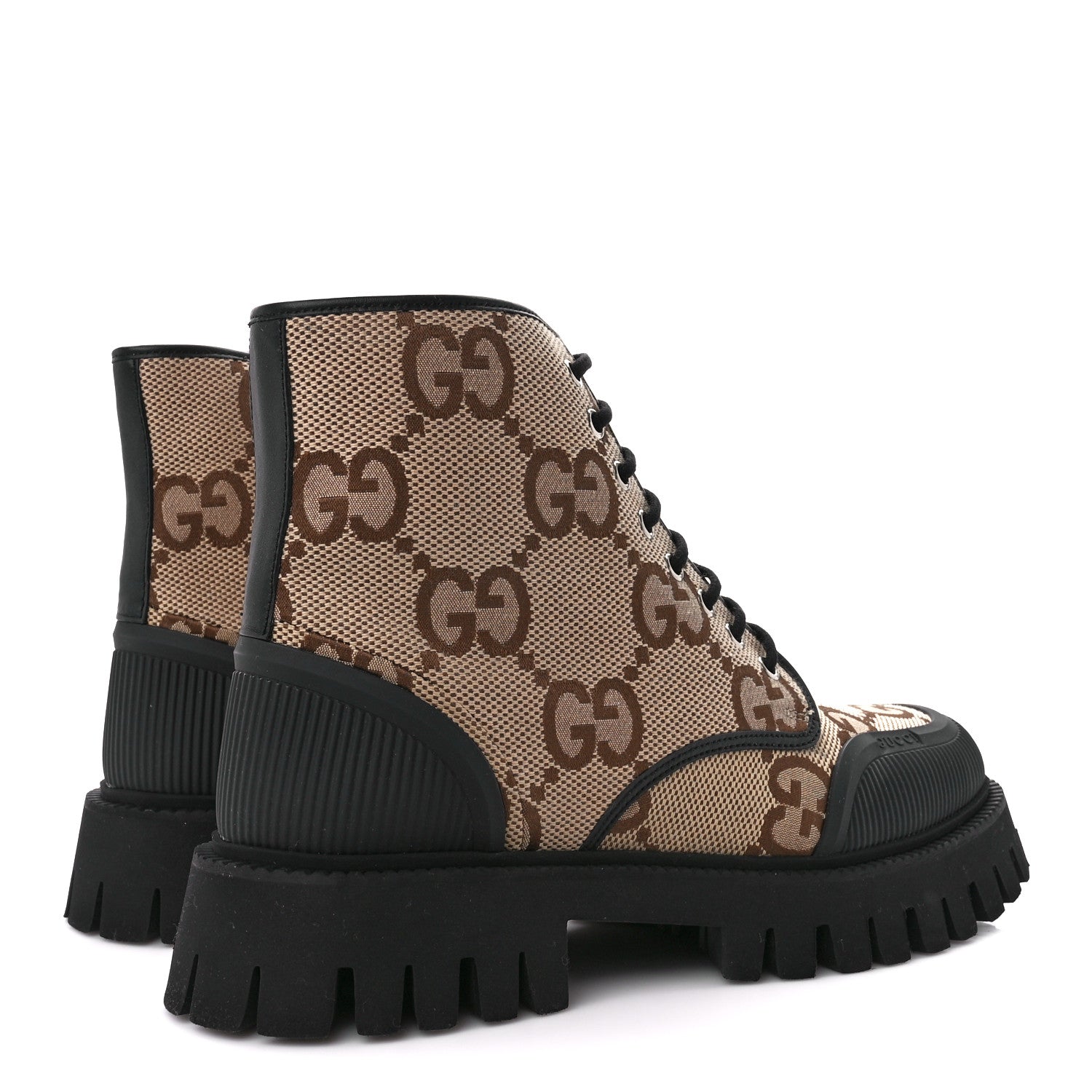 Gucci Monogram Jumbo GG Miro Soft Calfskin Mens Lace Up Combat Boots 9 Camel Ebony Black 4 of 9