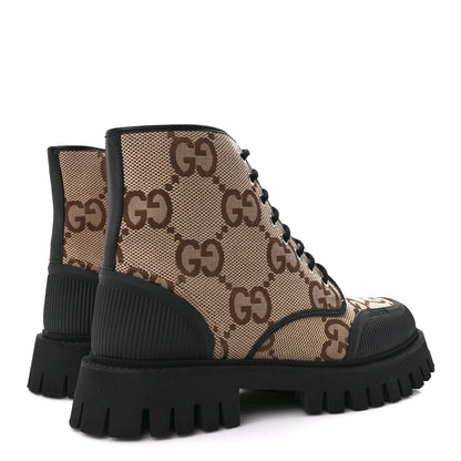 Gucci Monogram Jumbo GG Miro Soft Calfskin Mens Lace Up Combat Boots 9 Camel Ebony Black 4 of 9