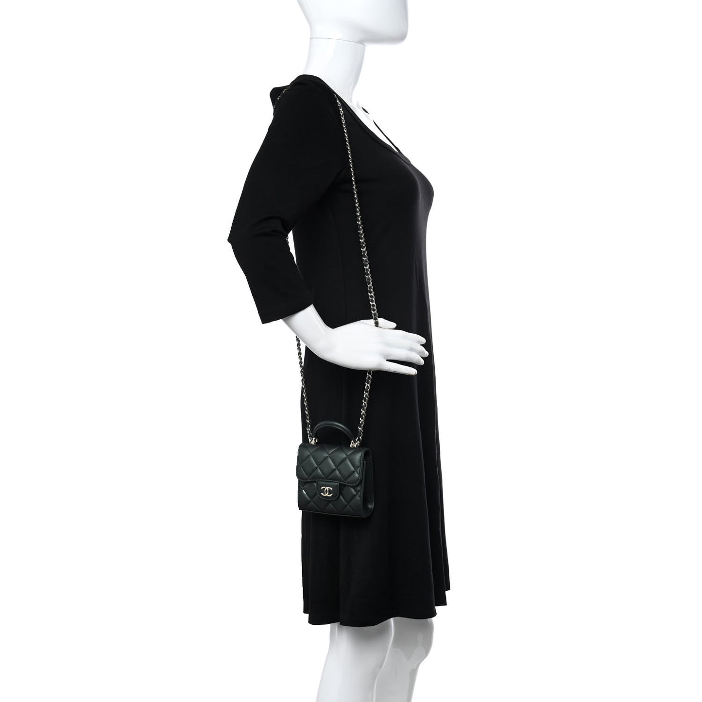 Iridescent Lambskin Quilted Top Handle Flap Clutch With Chain Dark Green