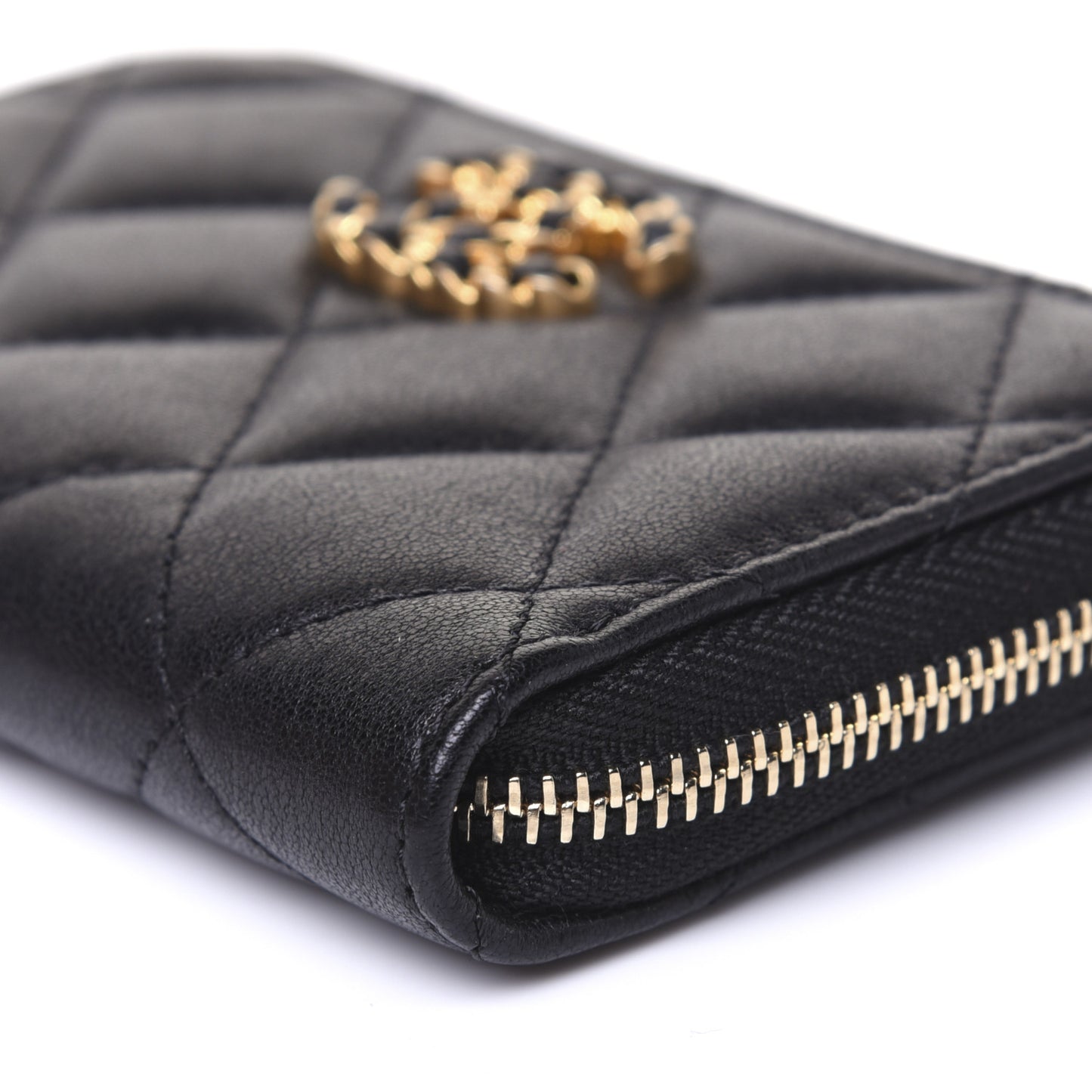 Goatskin Quilted Chanel 19 Zip Around Coin Purse Wallet Black
