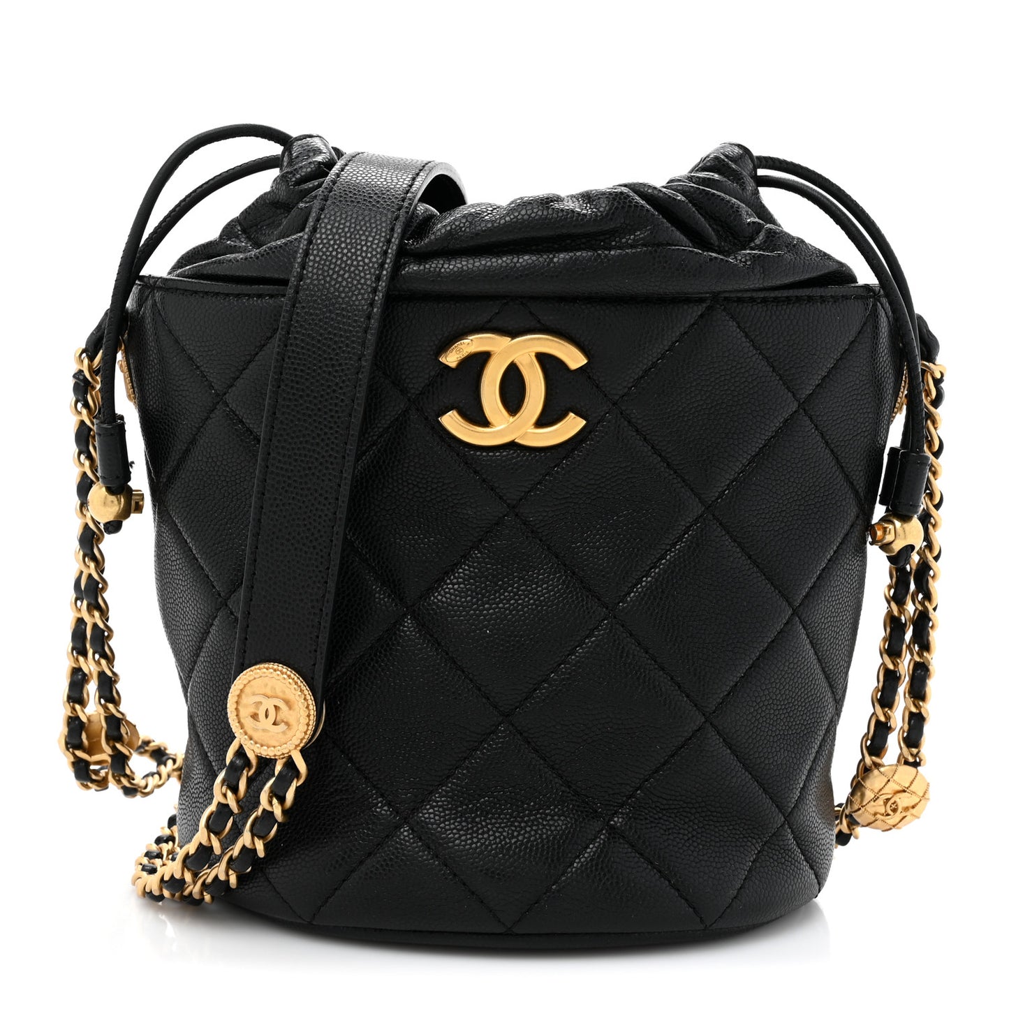 Caviar Quilted Twist Your Buttons Bucket Bag Black