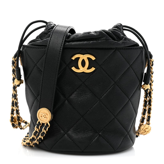 Caviar Quilted Twist Your Buttons Bucket Bag Black