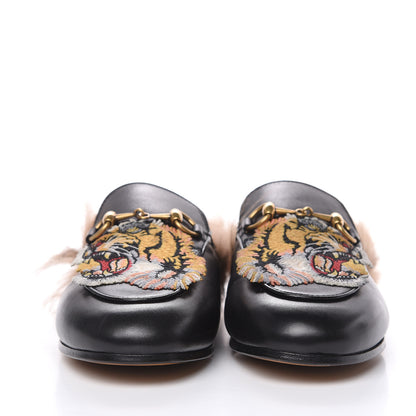 Gucci Calfskin Fur Tiger Embroidered Womens Princetown Slippers 34.5 Black 2 of 9