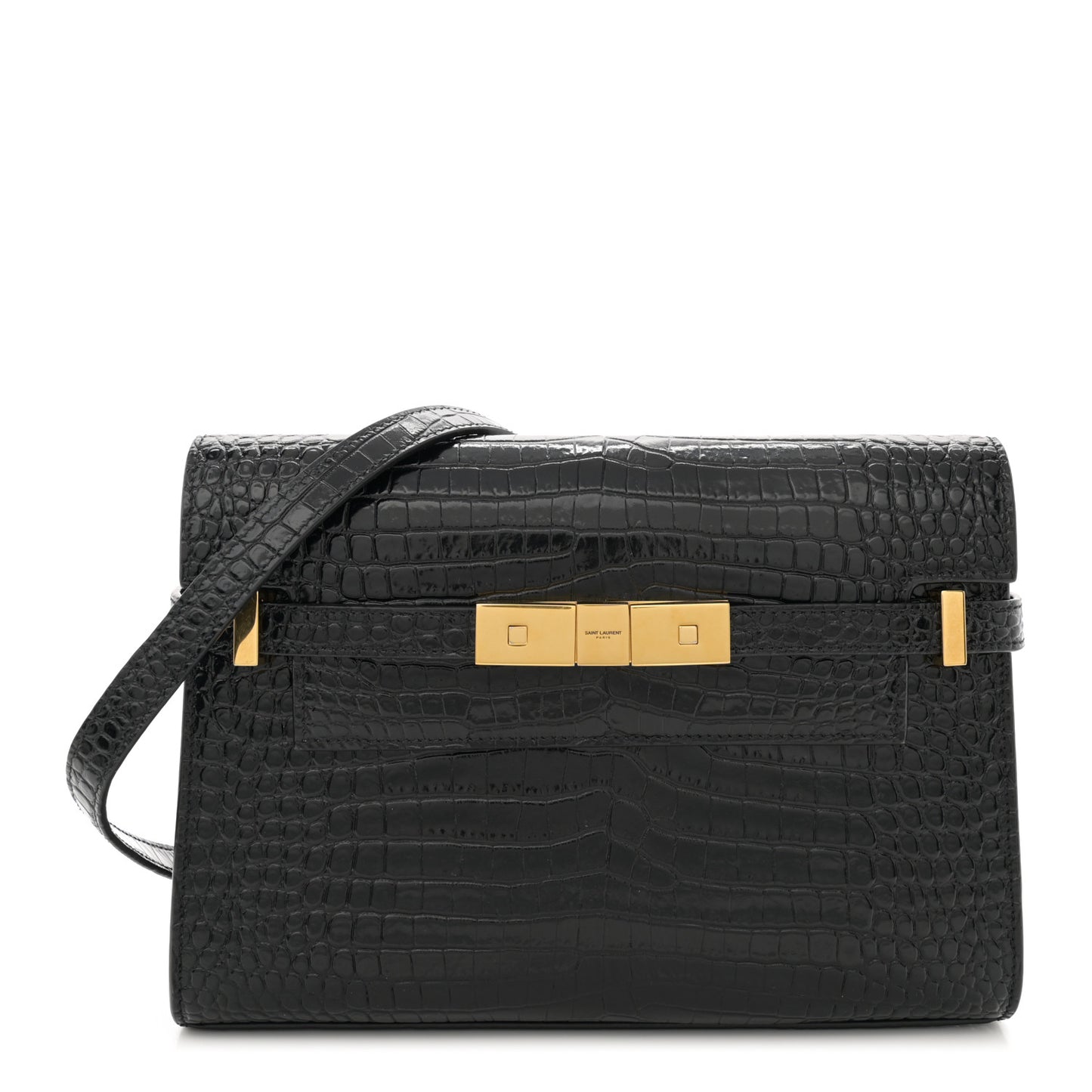 Shiny Calfskin Crocodile Embossed Small Manhattan Baguette Black