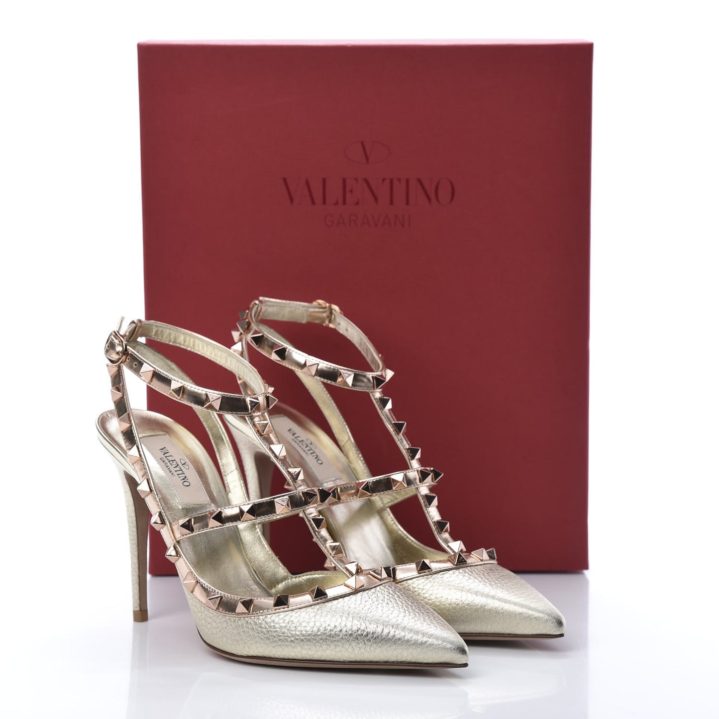 Metallic Pebbled Calfskin Rockstud Ankle Strap 100mm Pumps 39 Rame Sahara