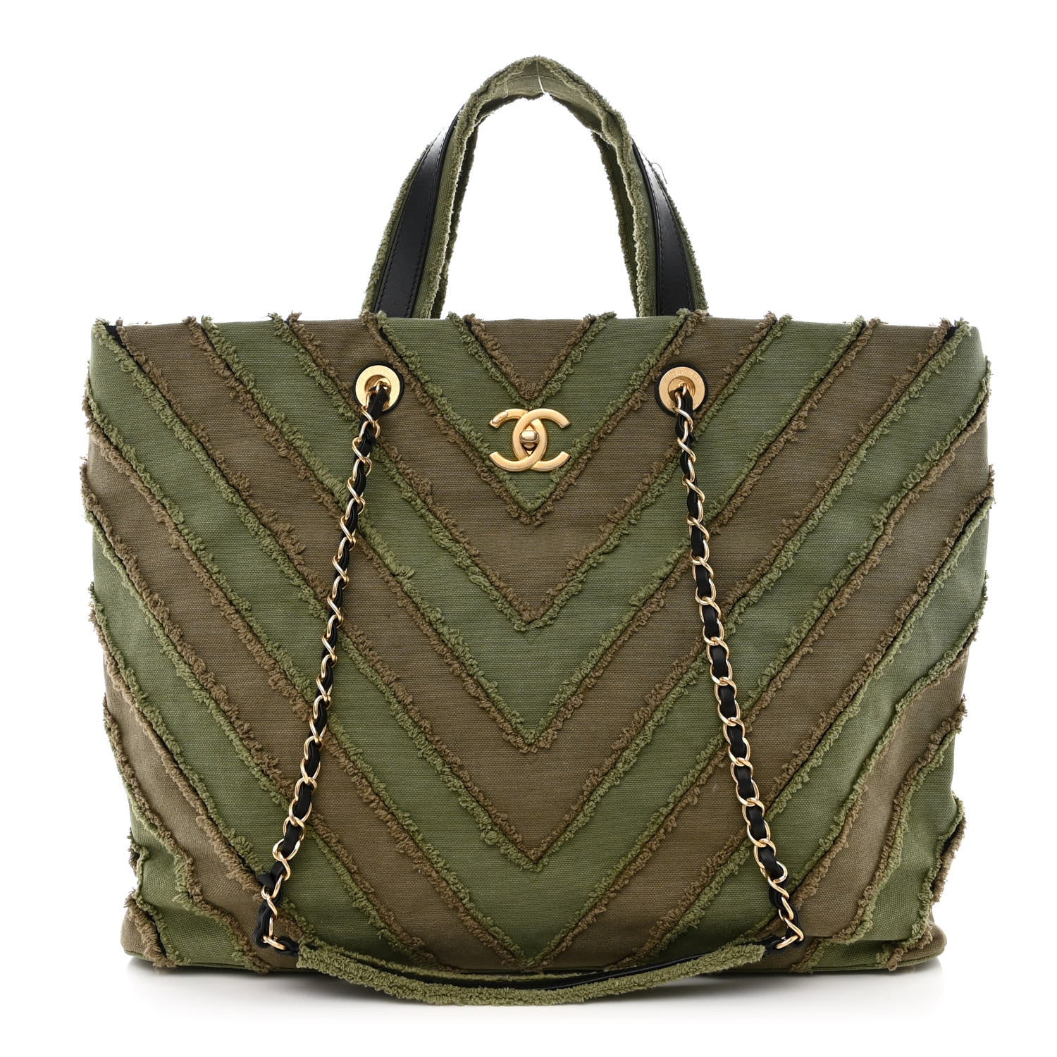 Chanel Canvas Chevron Cuba Patchwork Shopper Tote Khaki 1 of 12