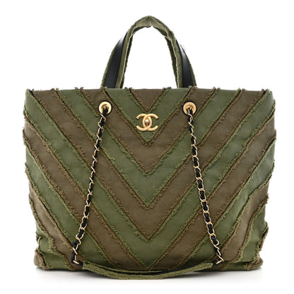 Chanel Canvas Chevron Cuba Patchwork Shopper Tote Khaki 1 of 12