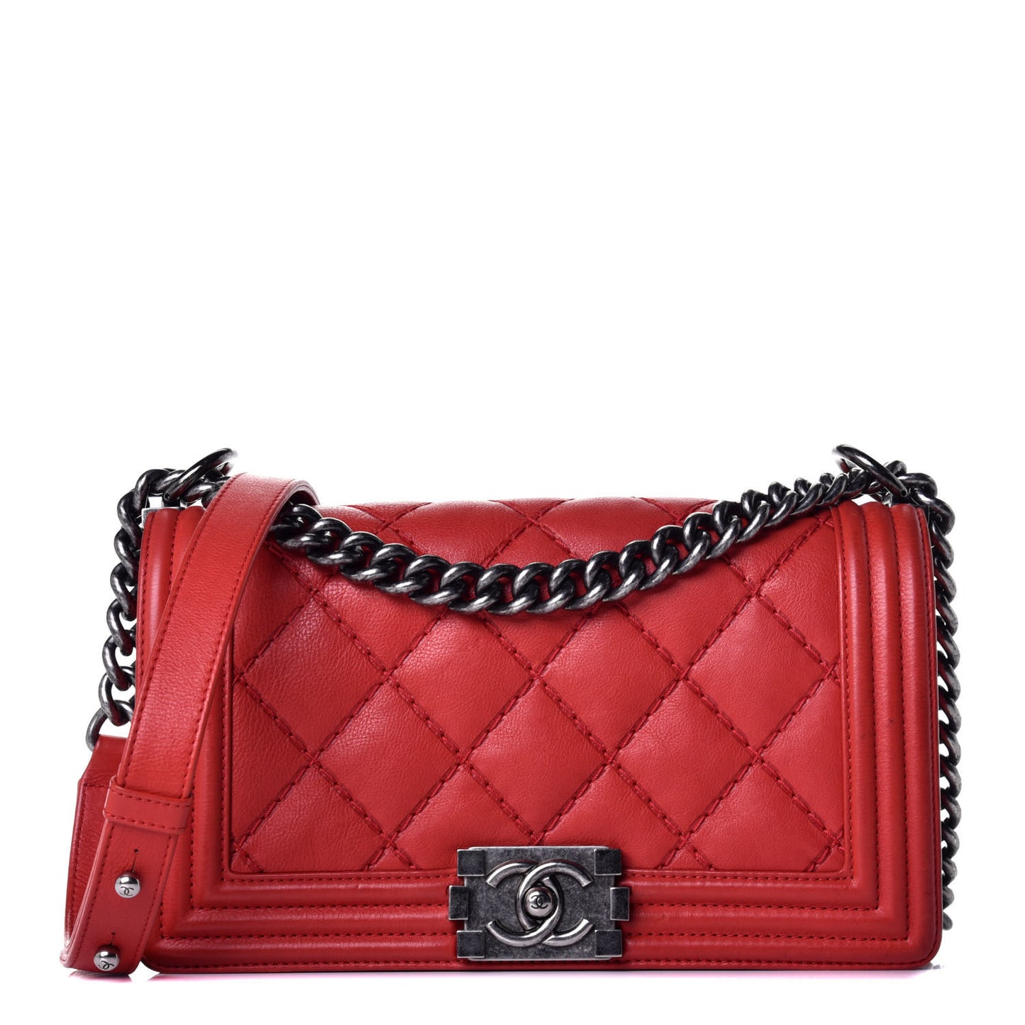 Calfskin Quilted Double Stitch Medium Boy Flap Red