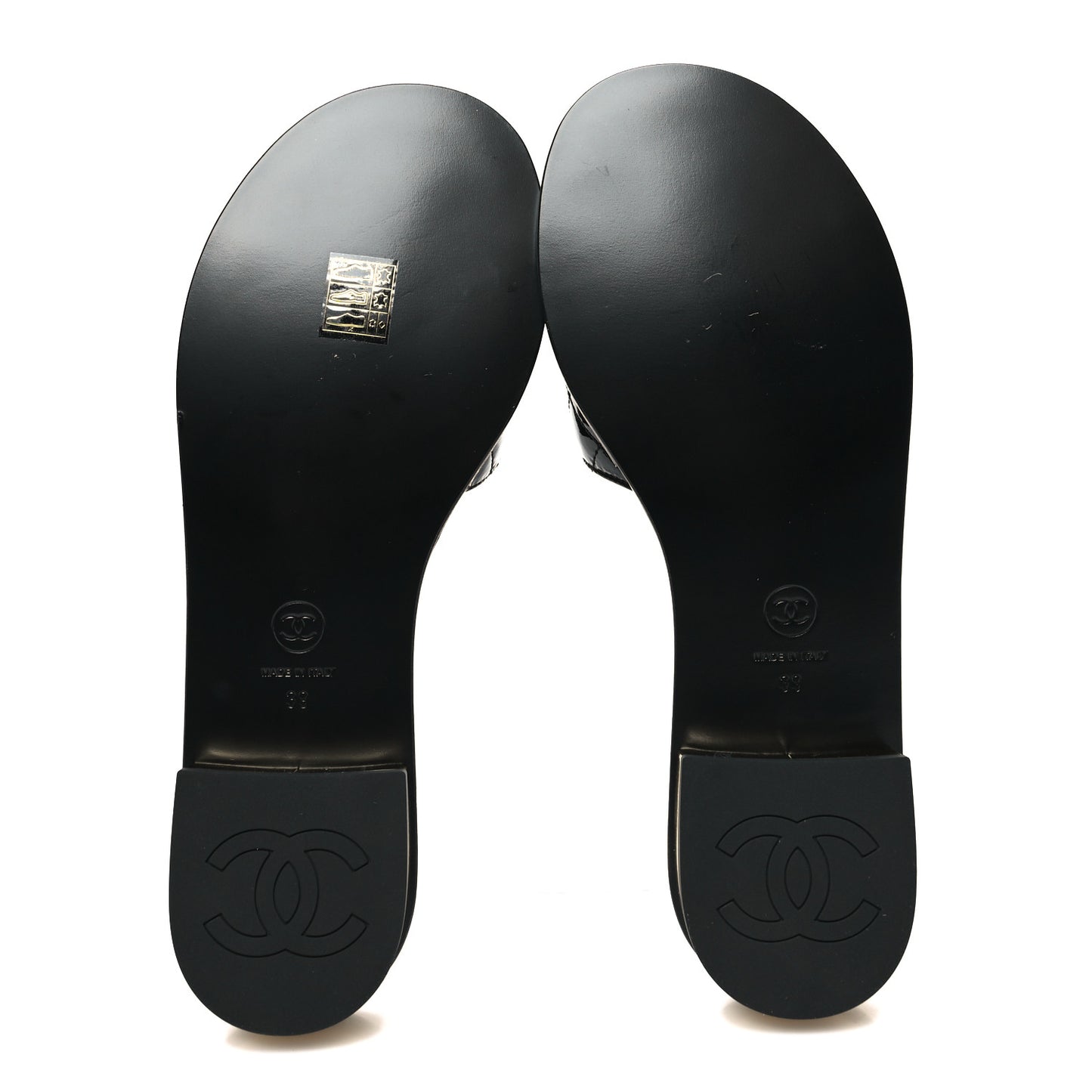 Patent Goatskin Quilted CC Mules Sandals 39 Black