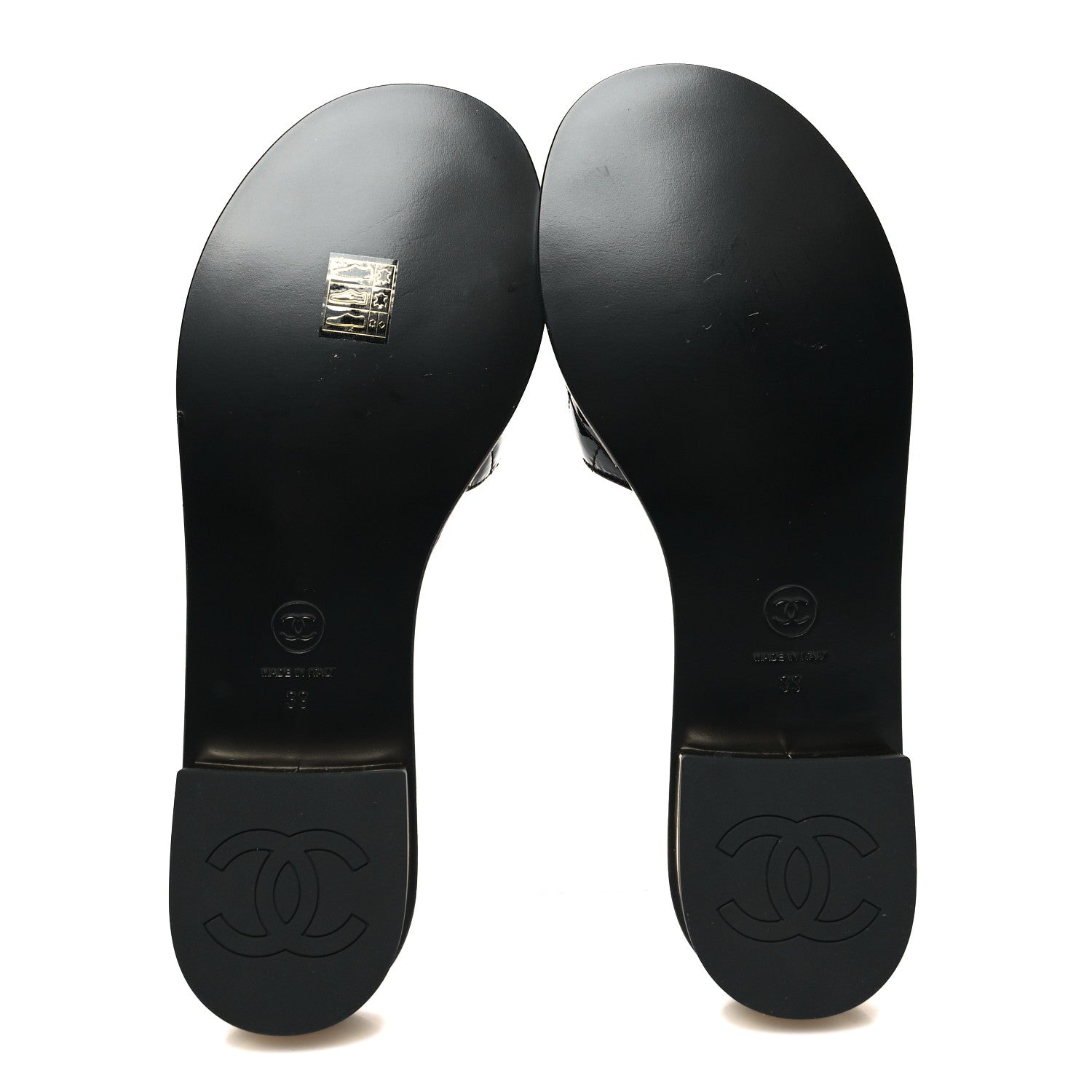 Chanel Patent Goatskin Quilted CC Mules Sandals 39 Black 5 of 9