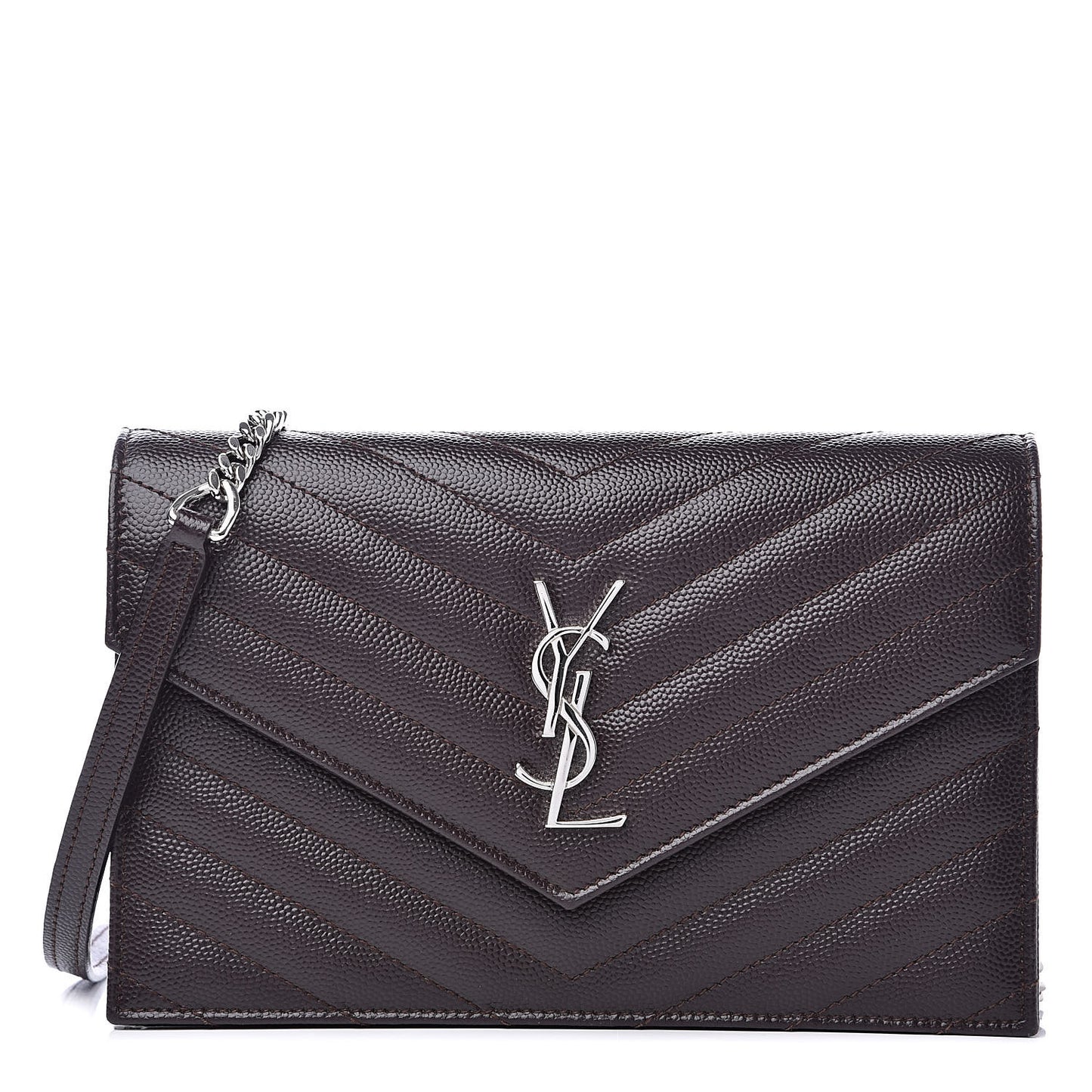 Grain De Poudre Matelasse Chevron Monogram Envelope Chain Wallet Dark Brown
