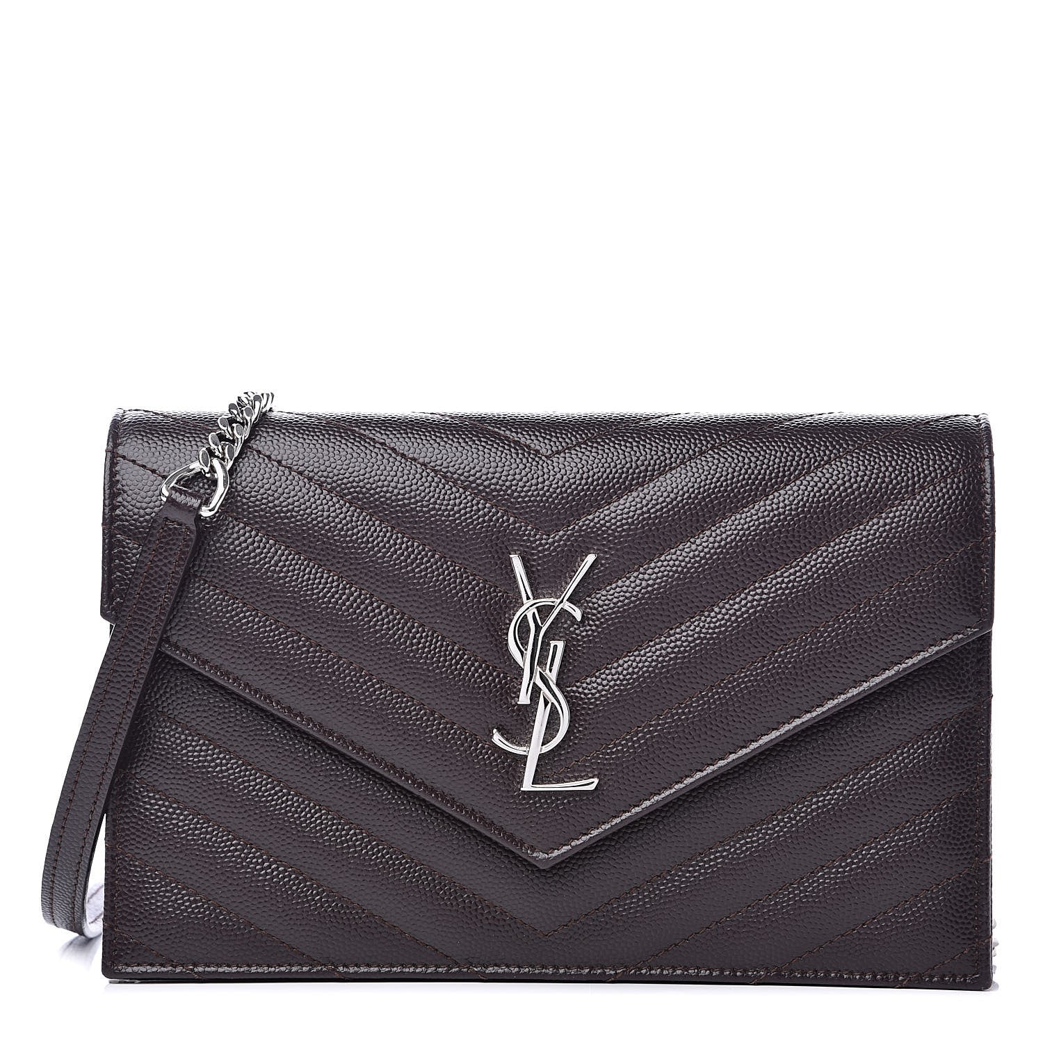 Saint Laurent Grain De Poudre Matelasse Chevron Monogram Envelope Chain Wallet Dark Brown 1 of 9