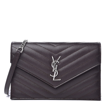 Saint Laurent Grain De Poudre Matelasse Chevron Monogram Envelope Chain Wallet Dark Brown 1 of 9