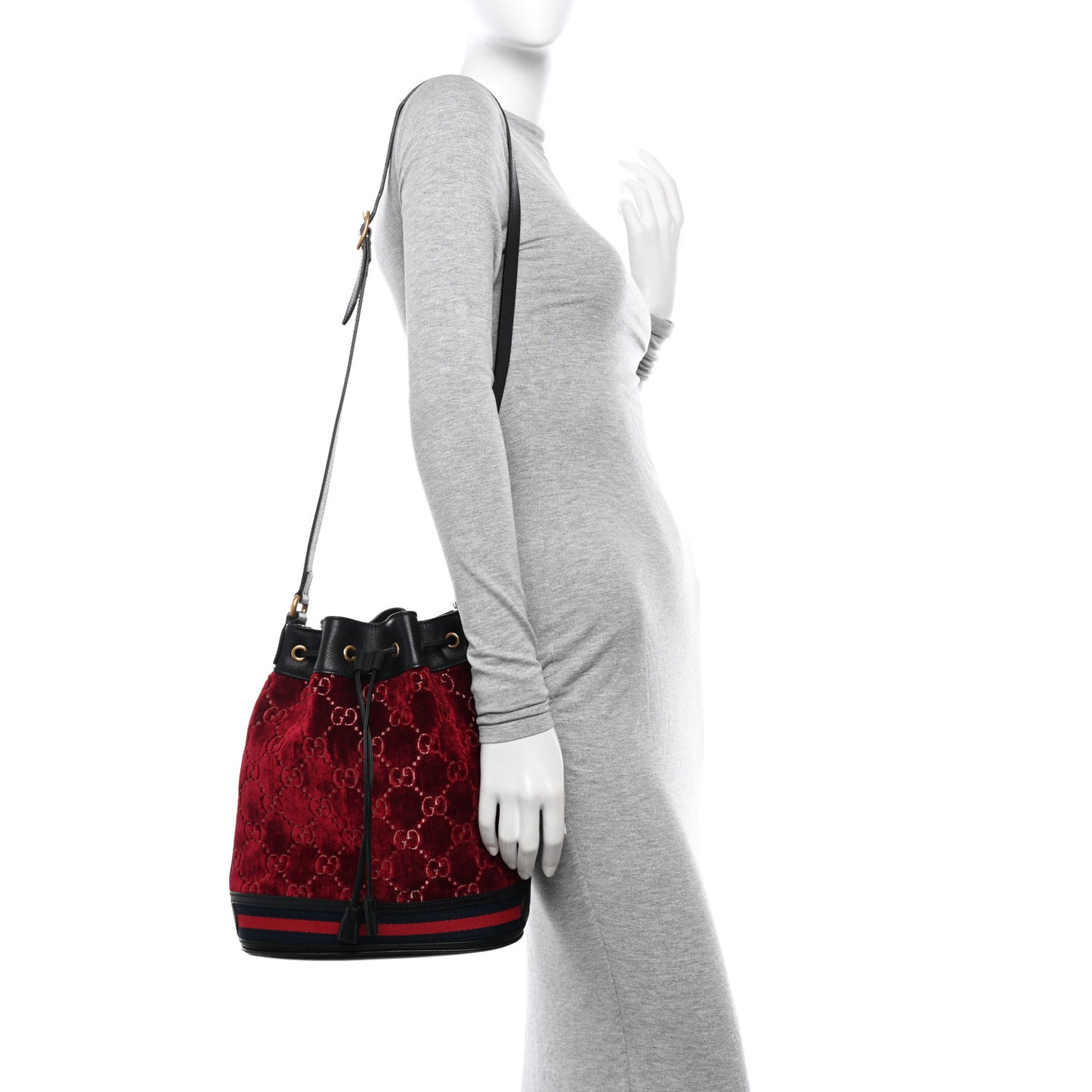 Velvet GG Monogram Textured Calfskin Web Bucket Bag Red Cipria Black