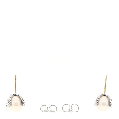 David Yurman Sterling Silver Diamond Cultured Pearl 10mm Cable Stud Earrings 3 of 4