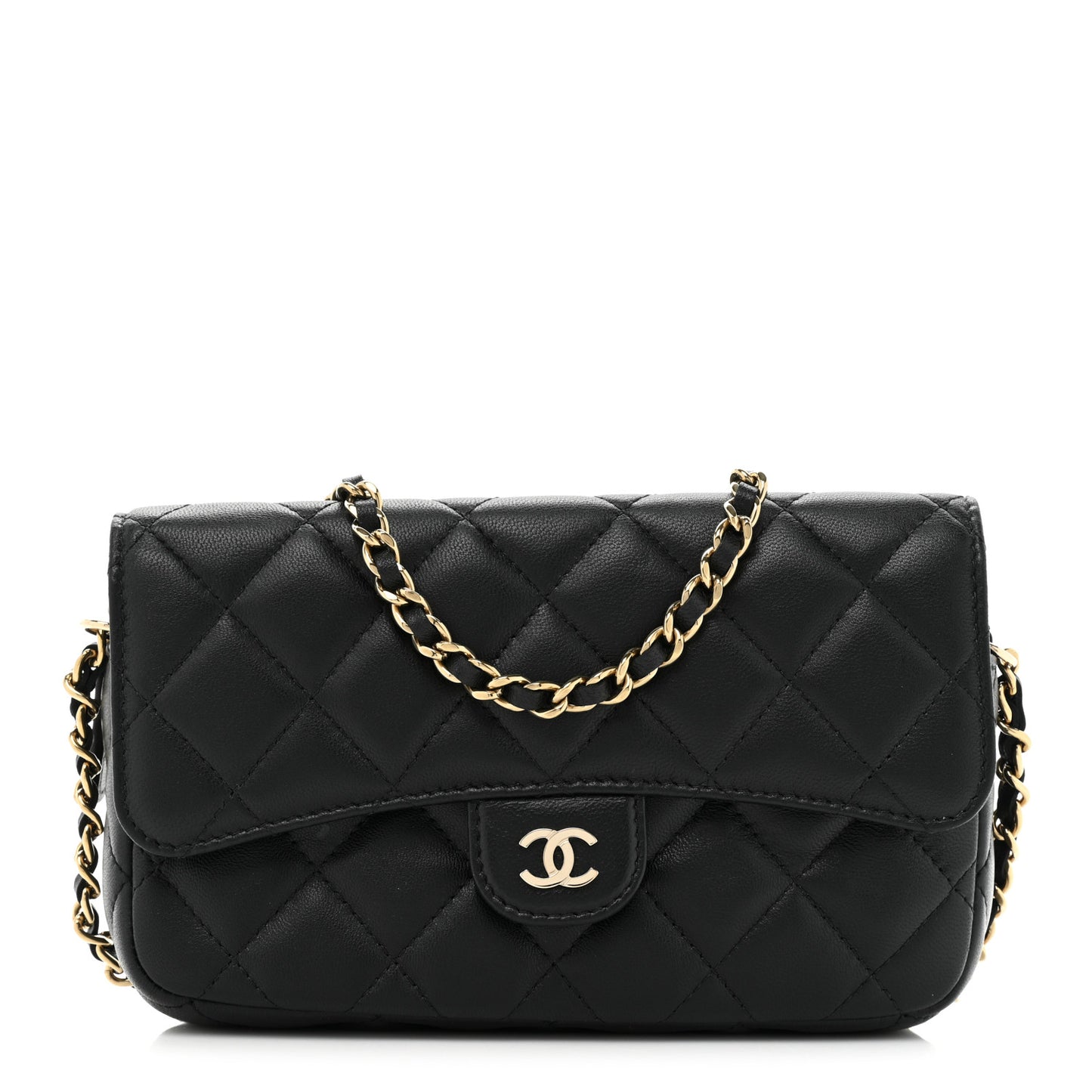 Lambskin Quilted Flap Phone Holder With Chain Black