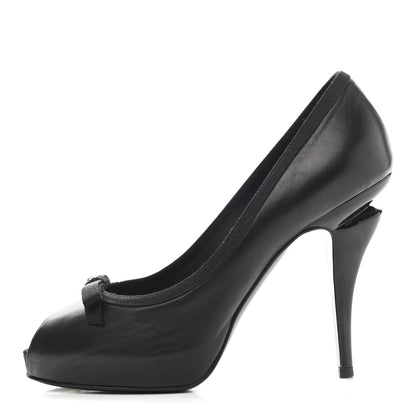 Chanel Lambskin Grosgrain CC Bow Peep Toe Pumps 38 Black 1 of 9