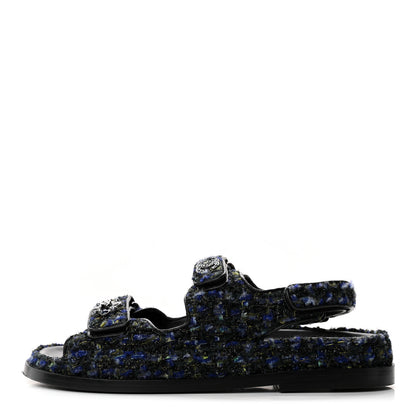 Chanel Iridescent Tweed Velcro Dad Sandals 36.5 Navy Blue Multicolor 1 of 14